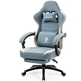 Dowinx Gaming Stuhl Stoff mit Taschenfederkissen, Massage Gaming Sessel mit Fußstütze, Ergonomischer PC Stuhl Gamer Stuhl Bürostuhl 150 kg belastbarkeit, Blau