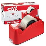 SAX Tape it Easy XXL Einhand Klebeband Abroller extra Schwer | für 1x 50mm Band oder 2x 25mm Band, Paketbandabroller mit Stiftehalter Funktion, rutschfest, inkl. doppelseitige Klinge