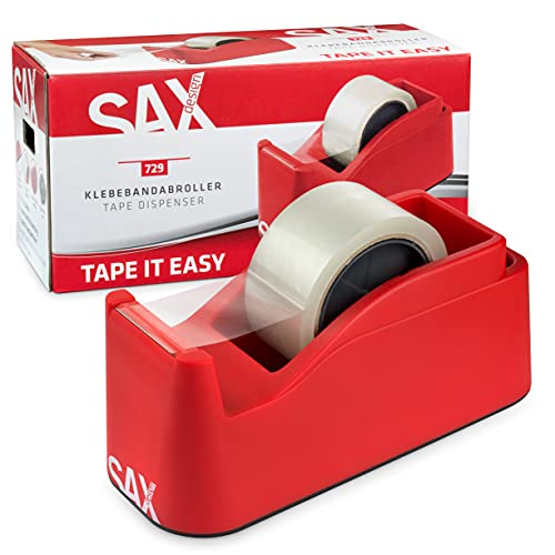 SAX Tape it Easy XXL Einhand Klebeband Abroller extra Schwer | für 1x 50mm Band oder 2x 25mm Band | Paketbandabroller mit Stiftehalter Funktion