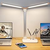 iVict Dual Swing Arm LED Schreibtischlampe, 5-Modi Touch Control Helligkeitsstufen Schreibtischlicht mit 45-Minuten Auto-Off Timer, USB-Ladeanschluss, Speicherfunktion, Stifthalter für Büro