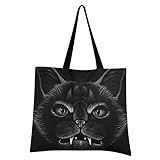 Halloween-Canvas-Tragetasche für Frauen – Happy Halloween Black Cat Monster, groß, wiederverwendbar, Einkaufstasche mit Innentasche, Einkaufstasche