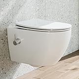 Dusch WC mit Integrierter Düse, Hänge WC mit Bidet Funktion, Taharet WC mit Nanobeschichtung, WC Dusche mit Armatur, WC Sitz mit Absenkautomatik, Kalt Wasser, 53×36×35 cm