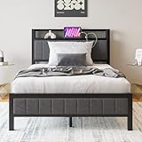 BORPHOM Bettrahmen mit Ladestation Doppelbett/Einzelbett Gästebett Metallbett Polsterbett 120x200 Bettgestell aus Metall,Jugendbett mit Lattenrost Kopfteil in Grau,für Schlafzimmer Gästezimmer