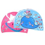 DECORNIJIA 2 Stück Schwimmhaube wasserdichte Badehaube mit Ohrenschutz Cartoon Delfin und Katze für Jungen und Mädchen Leichter Bequemer Sitz für Haarlängen für Pool und Strand