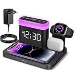 ANJANK Wirelss Charger Staion,3 in 1 Wecker mit Kabellose Ladestation,7 Nachtlichter,Mag-Safe Kabelloses Ladegerät Kompatibel mit iPhone 16 15 14 13 12 11 Pro Max Plus,Apple Watch 10/9/8/7/SE,Airpods