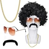 WUSANNA Afro Perücke Herren Afro Perücke 80er Jahre Outfit Perücken Fasching Perfekt Für Cosplay Halloween Kostümpartys Und Mehr (Mit Goldener Halskette Sonnenbrille Und Schnurrbart)