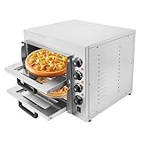 Kommerzieller Pizzaofen Backofen 2-lagig 3000W, elektrischer Pizzaofen aus Edelstahl mit vier Drehknöpfen, Mehrzweck-Pizzamaker Indoor, zum Backen im Restaurant, zu Hause, Silber