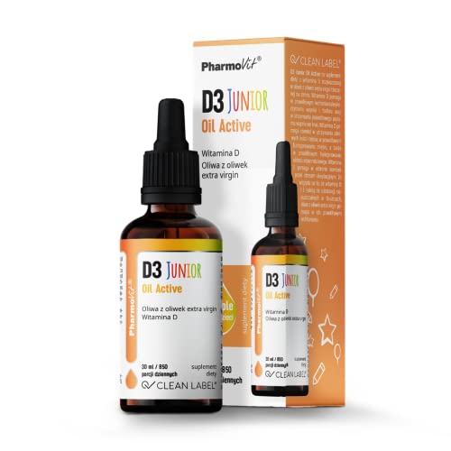 Pharmovit D3 Junior Oil Active, Clean Label, Vitamin D3 800UI + Vitamin E, Extra natives Olivenöl, Tropfen für Kinder 30ml (850 Tagesportionen)