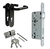 BKS Zimmertür/Wohnungstür/Kellertür Komplett Set, Schild Beschlag U-Form (beidseitig Drücker) + PZ Schloss + Profilzylinder (DIN RECHTS)