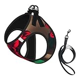 Hundegeschirr mit Holzbrett, Retro-Blume, rotes Dahlien-Druck, reflektierend, Haustierweste, Welpengeschirr, Leine-Set, für Spaziergangstraining