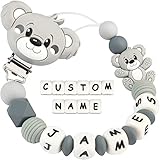 Kowlone Schnullerkette mit Namen Jungen mädchen Personalisiert Teddy Bär Schnuller Clips Halter(Grau)