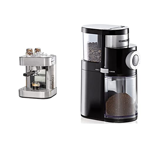 ROMMELSBACHER Espresso Maschine EKS 2010 - Siebträger, Filtereinsatz für 1 bzw. 2 Tassen, Vorbrühfunktion, 19 Bar Pumpendruck & Kaffeemühle EKM 200, 2-12 Portionen, 110 Watt, schwarz