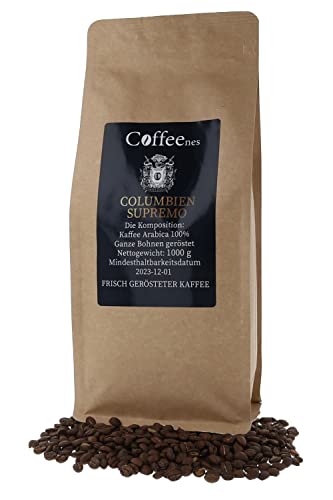 Coffeenes Kaffeebohnen 1kg Angebot Arabica Kolumnien Supremo - Kaffee Ganze Bohnen Coffee Beans - Bohnenkaffee Ganze Bohnen Kaffe Kolumbien Kaffebohnen