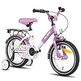 HILAND 16 Zoll Kinderfahrrad, 4 5 6 Jahre Mädchenfahrrad mit Stützrädern, Violett Kinderfahrrad Handbremse Rücktrittbremse Gepäckträger
