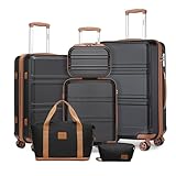 KONO Kofferset Reisekoffer Set Gepäcksets 6 Teilig, Koffer Set mit Beautycase Kosmetikkoffe mit Handgepäck Reisetasche mit Kulturbeutel (Schwarz/Braun)