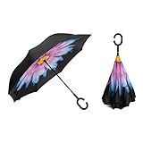Braty Decorations Seitenverkehrter Stockschirm, Innovativer Regenschirm, Doppelschichtiger Regenschirm, Umgekehrter Regenschirm, Regenschirm mit C-förmigem Griff (Lila Gänseblümchen)