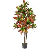 GIANTEX 150 cm Kunstbaum Kunstpflanze, Künstliche Pflanze Kroton, Zimmerpflanze Deko im Zementtopf, Palmenbaum mit bunten Blättern & Holzstamm, Tropische Palme Dekopflanze Grünpflanze Innendekoration