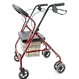 FLNOZAMZ Leichter Faltbarer Rollator, 2-in-1-Rollator für Senioren, mit Rückenlehne und Armlehnen, Einkaufstasche mit großem Fassungsvermögen, Tragfähigkeit 100 kg (red)