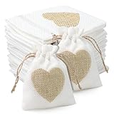 Jutebeutel mit Kordelzug, 30 Stück, Stoffbeutel, 8 x 10 cm, Jutesack, Baumwolle, Kordelzug, wiederverwendbar, kleiner Sack mit Herz zum Befüllen von Geschenktüten für Geburtstag, Hochzeit, Schmuck
