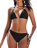 RITOSTA Triangel Bikini Damen Set Sexy String Bikinis Neckholder Bikini-Sets Zweiteiliger Badeanzug Push Up Badeanzüge mit Perlen Tanga Bademode Verstellbare(Schwarz,M)