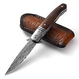 DRACHENADER Taschenmesser, damast Taschenmesser navaja einhand-Klappmesser outdoor Holzgriff mit Clip und Scheide, (33+1+33) 67 Lagen Damaststahl Klinge mit VG10 Kern, Geschenk für Sammlung