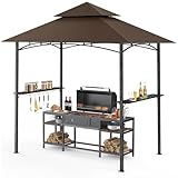GVDV Grillpavillon 2,4 x 1,5 m – Wetterfeste Grillüberdachung mit 2-stufigem Dach, Ablagen, 10 Haken & Flaschenöffner – Grill Pavillon für Garten & BBQ, Braun