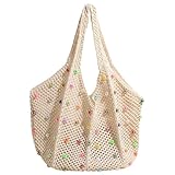 FloralGrace 1 Stück Boho Gehäkelte Strand Tote Schultertasche mit Farbenfrohen Perlen, Gewebte Tasche Handtasche | Farbenfrohe Hippie Häkeltasche Beach Bag für Frauen