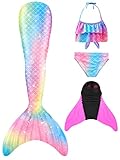 meerjungfrauenflosse mädchen Badeanzug - Meerjungfrau Flosse Bademode mit Bikini Set und Monoflosse Mermaid Tail,2023, 4 Stück Set,2023,M1-150