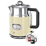 Russell Hobbs Wasserkocher [1,7l, 2400W] Retro Creme und polierter Edelstahl (Schnellkochfunktion, Wassertemperaturanzeige im Retrodesign, außenliegende Wasserstandsanzeige) Vintage Teekocher 21672-70