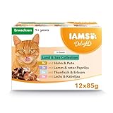 IAMS Delights Land & Sea Collection Katzenfutter Nass - Multipack mit Fleisch und Fisch Sorten in Sauce, Nassfutter für Katzen ab 1 Jahr, 12 x 85 g