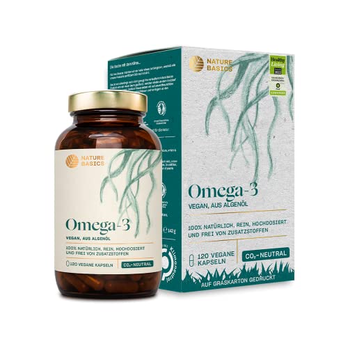 Nature Basics® Algenöl Omega 3 vegan | 120 (!) Kapseln hochdosiert im Glas | rein unverarbeitet zertifiziert nachhaltig & CO2-neutral | Pro Kapsel natürliche 455mg mit 30% DHA & 15% EPA | laborgeprüft