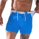 WUOJI Badehose Herren Eng Kurz Badeshorts mit Tunnelzug Schwimmhose Wassersport Kurze Hose Baden Strand Bermuda Shorts Gummibund mit Kordelzug Enge Boardshorts,M