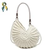 Handwoven Fashion Seashell Bag for Women,Stylish & Unique Boho Clutch with Pearl Strap,Crochet Leather Handle Beach Bag (Beige)