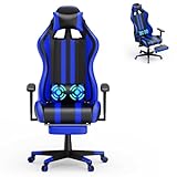 AufuN Gaming Stuhl, Bürostuhl Ergonomisch mit Vibration Massage Lendenkissen, Fußstütze, Kopfstütze, Ergonomisch, Massage Gaming Sessel für Livestreaming Xbox, 150 kg Belastbarkeit (Blau)