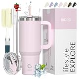 BIGRD 40oz Straw thermobecher to Go Mug,Thermal Mug,Double-Walled Stainless Steel Vacuum Leak-Proof Drinking Cup with Handle and Straw, Thermosflasche, Thermal Mug Insulated Bottle,Rosa