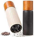 Moritz & Moritz PEPE Gewürzmühle 2er Set anthrazit/creme - Salz und Pfeffermühle aus Steinzeug & Akazienholz mit Keramikmahlwerk, einstellbarem Mahlgrad und innovativem Click-System