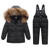 Kinder Bekleidungsset Junge Mädchen Süß Schneeanzug mit Kaputze Daunenjacke + Skihose 2tlg Verdickte Skianzug Winterjacke, Schwarz 3-4 Jahre
