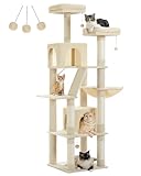 PETEPELA 180cm Kratzbaum groß, Multi-Level Katzenbaum für große Katzen, mit 6 Sisalsäule, 2 Kratzbrettern, 2 Plattformen, 1 Hängematte, 2 Spielbälle, Plüsch-Stoff, beige