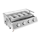 Gasbräter Gasgrill, 4 Brenner Edelstahl BBQ Tischgrill, Abnehmbarer Grill, Grillfläche 55.8×23.2cm, Einstellbare Höhe 0-7cm, für Camping Balkon Garten, Silber