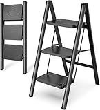 HBTower Trittleiter 3 Stufen Klappbar, Leichtes und Kompaktes Klapptritt mit Rutschfesten Stufen, Robuster Stahlrahmen, 150 kg Tragkraft, Tragbar für Haushalt und Küche