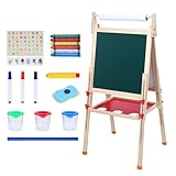 kamulouk Hölzerne Tafel Kinder, Staffelei Kinder MIT Papierrolle, Köhenverstellbare Magnetische Doppelseitge Staffelei, Kinderer Trockener Löschboard 1 Satz