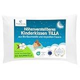 Kinder Kissen 40x60, Höhenverstellbares Kinderkissen ab 3 Jahre, Nachhaltiges Kinderkopfkissen TILLA – made in Estland, Anschmiegsames Kopfkissen mit weicher Bio-Baumwolle, Oekotex-zertifiziert