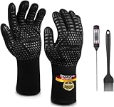 JATrade® Premium Grillhandschuhe inkl. Grillthermometer & Marinierpinsel, Back- & Ofenhandschuhe extrem hitzebeständig, Kaminhandschuhe feuerfest für Grill Dutch Oven Smoker Feuerschale