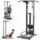 Decorcn Home Gym Kraftstation, Klappbar Rudergerät für Zuhause Power Rack, Multifunctional Fitnessstation mit Extra Klimmzugstange Freistehend, Kabelzug, Fitnessgeräte für Zuhause