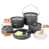 Odoland Camping Kochgeschirr Set 16 Teilig, Outdoor Geschirr Set mit 3 Topfe, Bratpfanne und Wasserkocher Camping Kochtopf Set, Kochgeschirr Aluminium für Camping,Reisen,Picknick