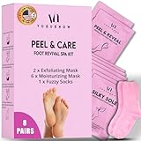 Fußmasken-Spa-Set (8er-Pack) Hornhautentferner – 2x Fußpeeling-Maske + 6x feuchtigkeitsspendende Fußmasken für weiche Babyfüße mit flauschigen Socken für rissige Fersen - Hornhaut Fußmaske, Fußpflege