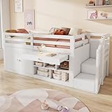 Halbhohes Bett 90x200 cm mit Treppe und Stauraum Schränke Schubladen umdrehbar und als Schreibtisch nutzbar Einzelbett Holz Lattenrost Gästebett ohne Matratze weiß