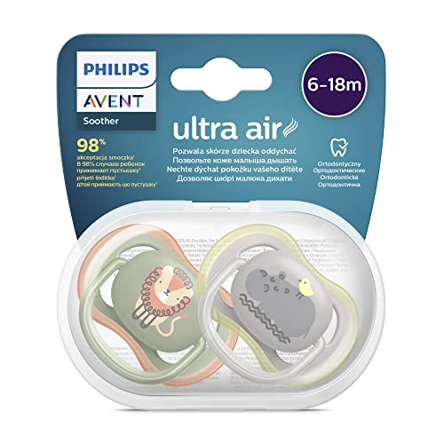 Philips Avent Ultra Air Schnuller, 2er-Pack – BPA-freier Schnuller für Babys von 6 bis 18 Monaten, Löwe/Nilpferd (Modell SCF085/17)