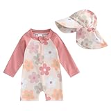 HodJIU Badeanzug für Babys, Mädchen, UV-Schutz, Schwimmanzug, langärmlig + Badekappe, Set für Neugeborene, Rosa Blumen, 6-12 Monate