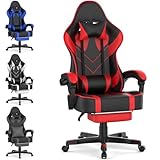 Soontrans Gaming Stuhl Ergonomisch mit Massage Lendenwirbelstütze, Gamingstuhl, Gaming Chair mit Fußstütze, Kopfstütze, Frühling Kissen, Kunstleder, Höhenverstellbarer, 360° Drehbar（Schwarz und Rot）